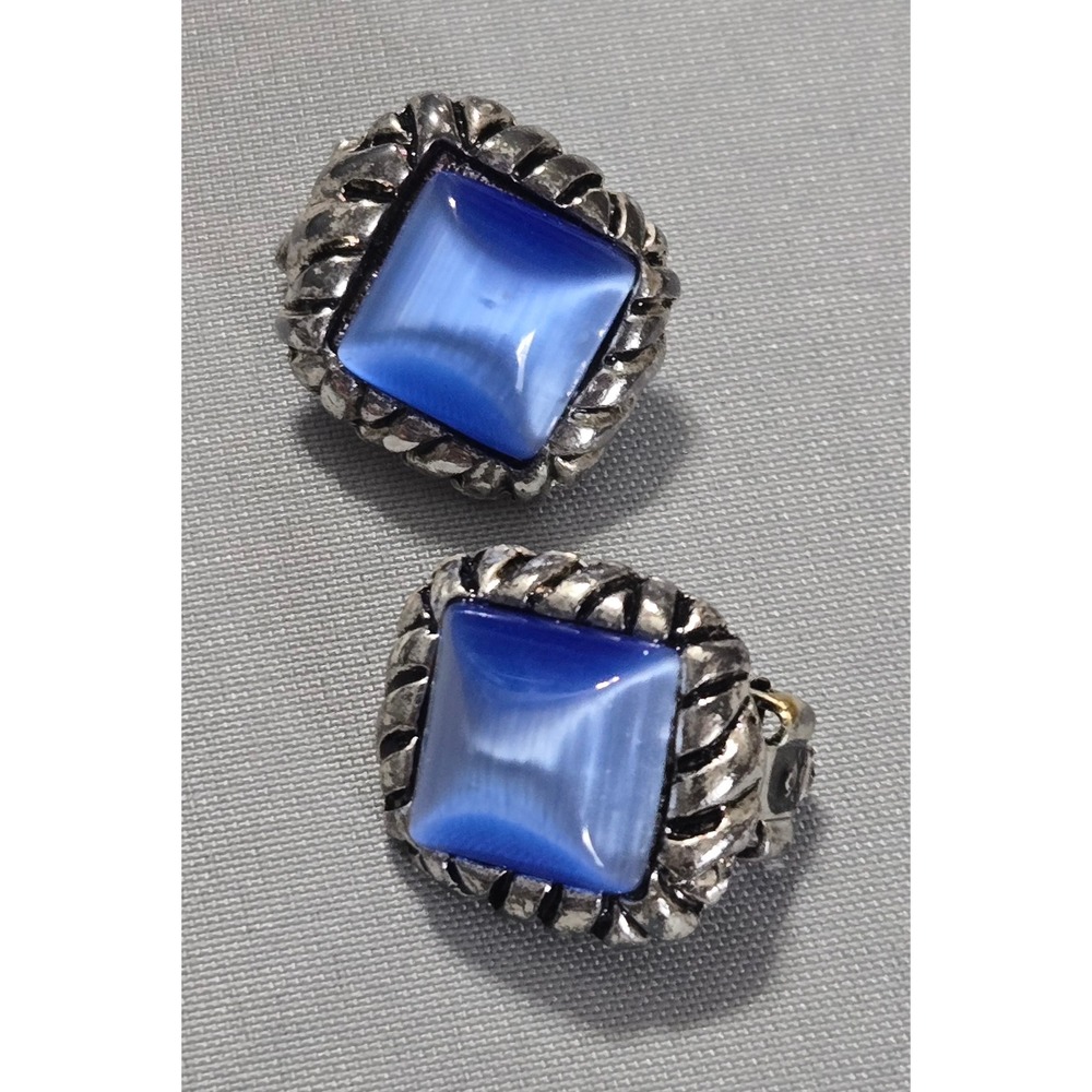Vintage Blue Clip On Earrings Silver Tone Square‎ Rope Border Cabochon Fashion